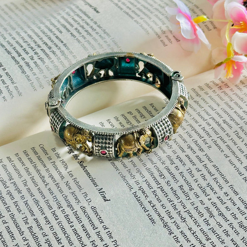 Oxidized Silver Elephant Bangle Bracelet with Stones