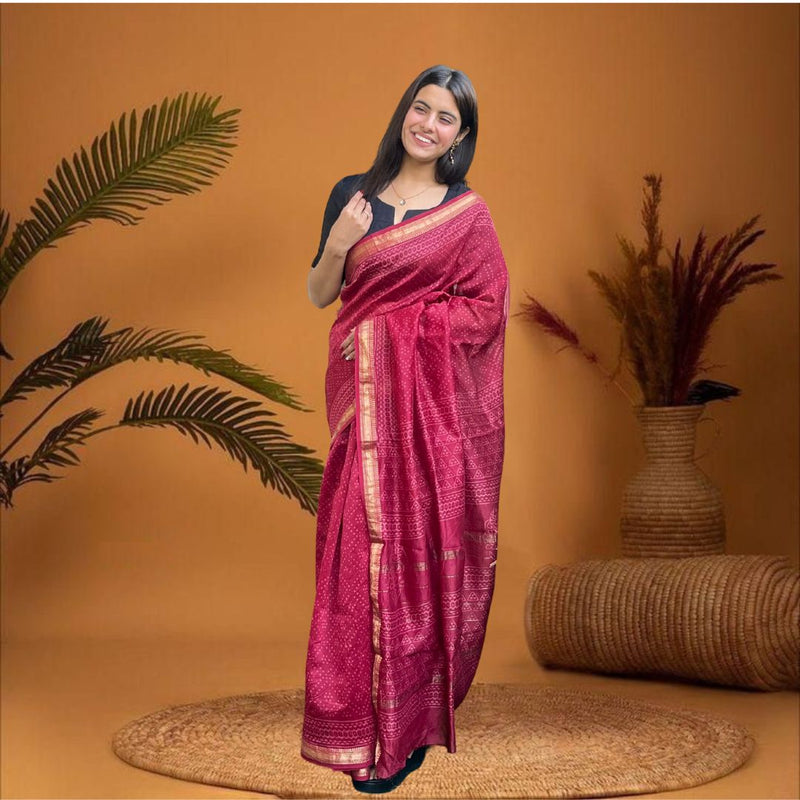 Cherriscope Pink Printed Maheshwari Silk Saree