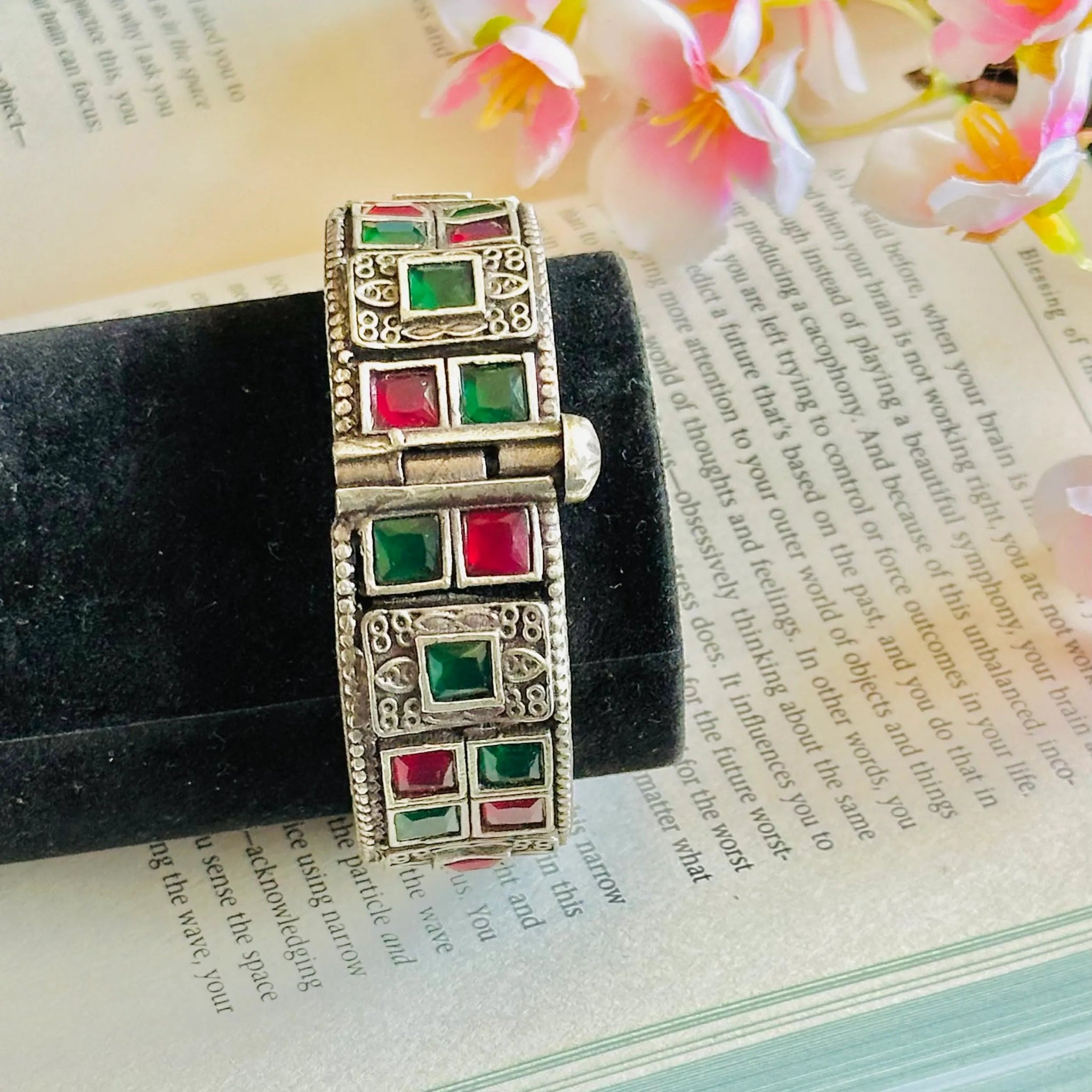 Pink & Green Stone Bangle – Vintage Oxidized Charm
