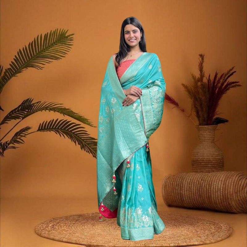 Cherriscope Sky Blue Dola Silk Saree