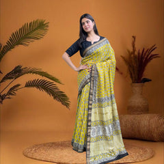 Cherriscope Yellow Block Printed Maheshwari Silk Saree