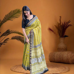 Cherriscope Yellow Block Printed Maheshwari Silk Saree